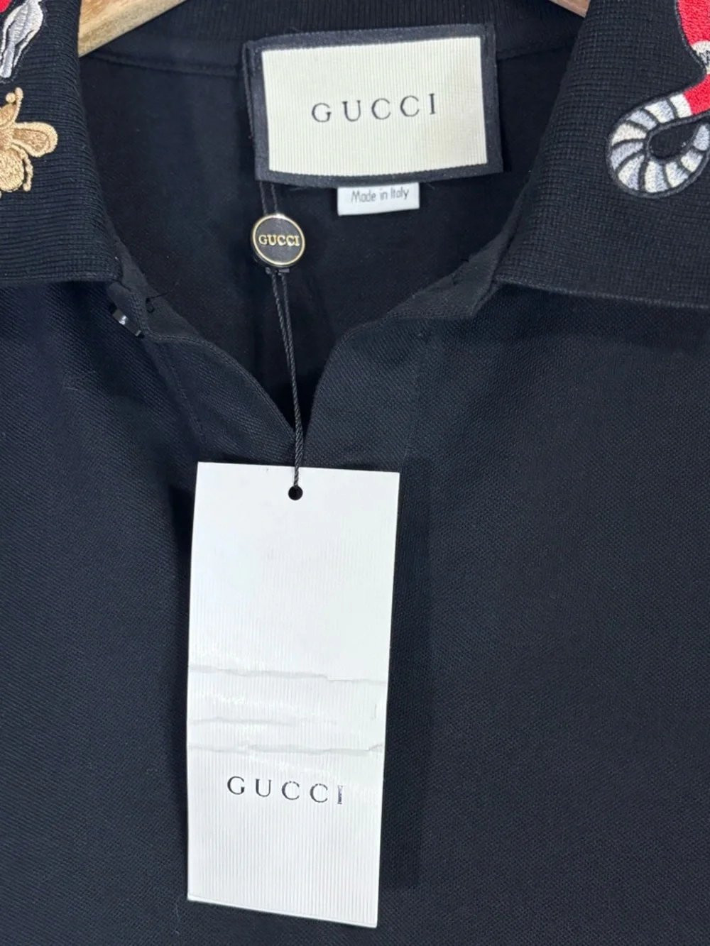 Gucci Men's Black Polo with Embroidered Collar